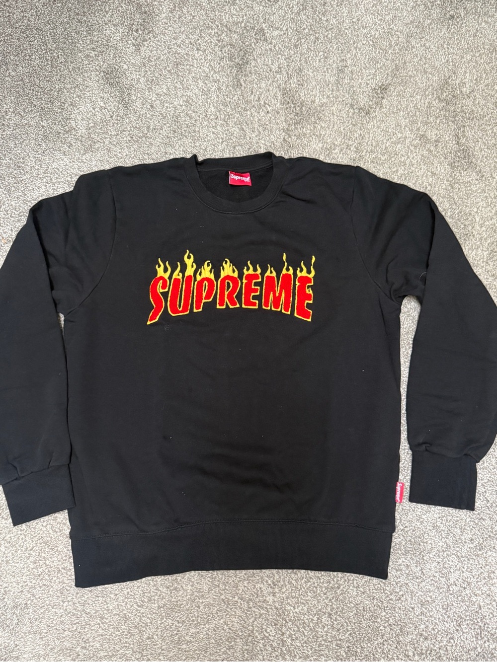 Supreme Black Crewneck with Red and Yellow Flame Logo